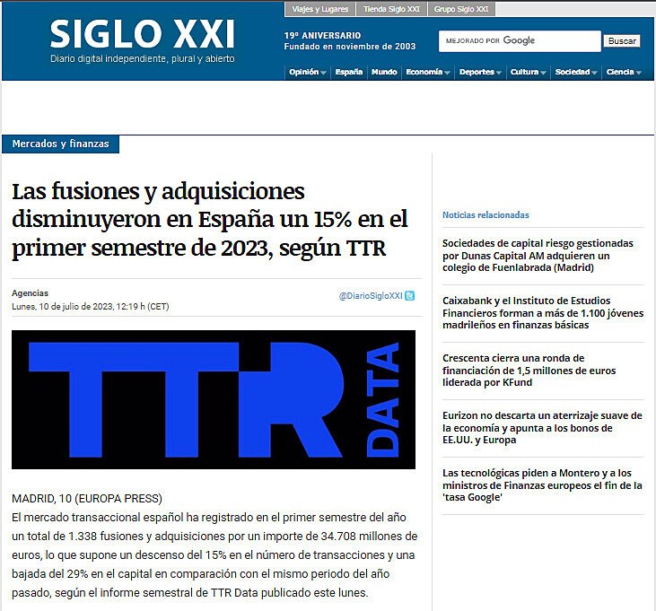 Las fusiones y adquisiciones disminuyeron en Espaa un 15% en el primer semestre de 2023, segn TTR
